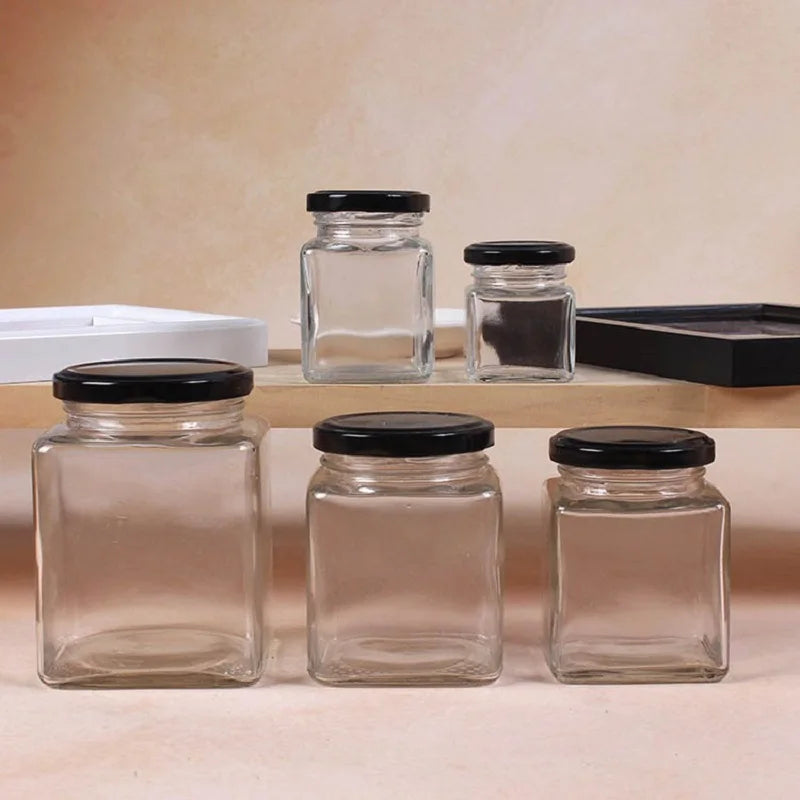 Square Glass Honey Jars with Airtight Black Lids