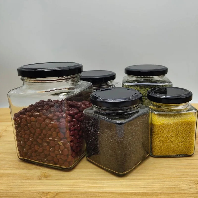 Square Glass Honey Jars with Airtight Black Lids