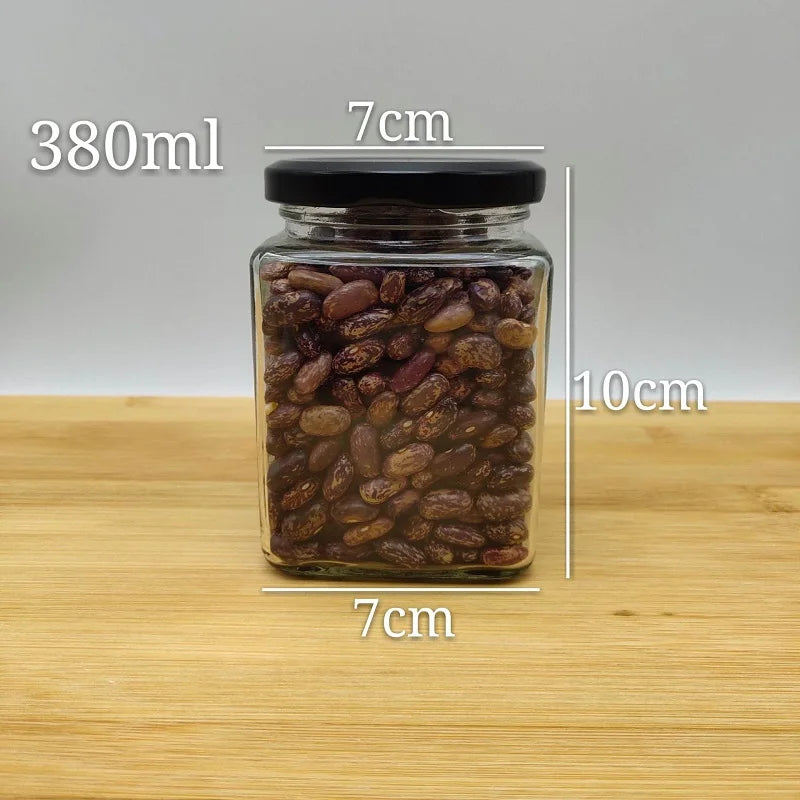 Square Glass Honey Jars with Airtight Black Lids