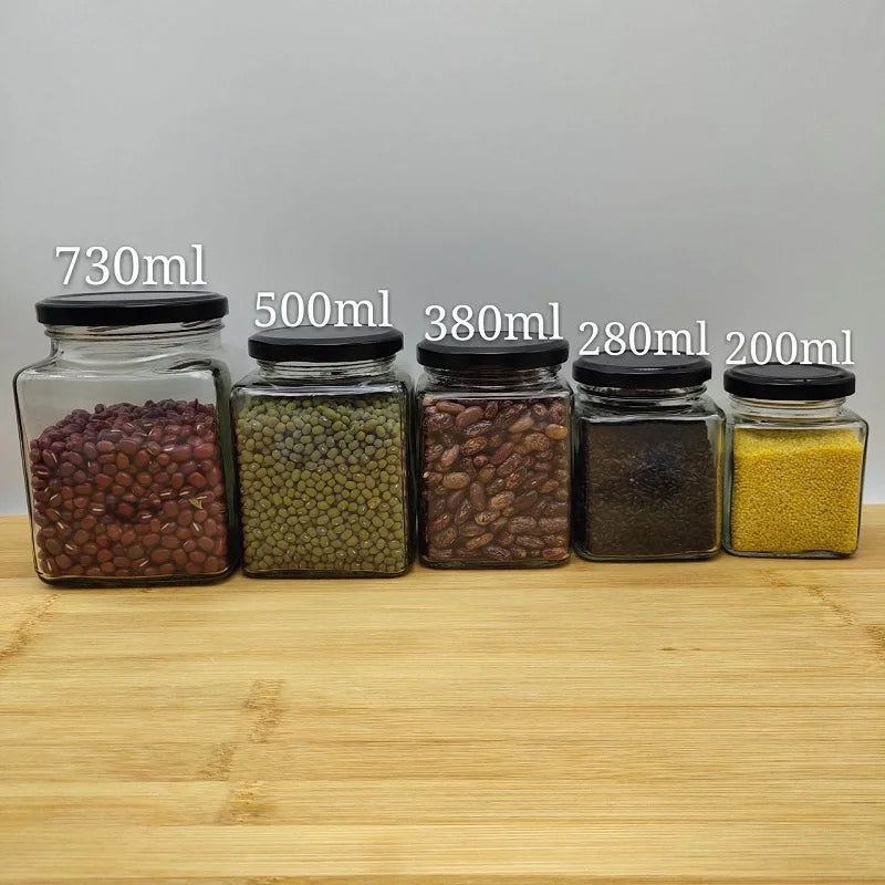 Square Glass Honey Jars with Airtight Black Lids
