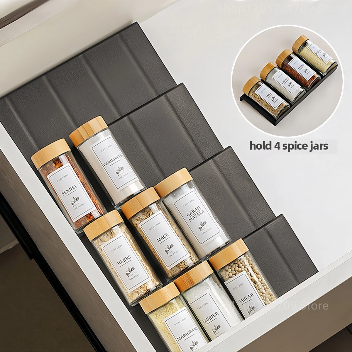 Adjustable 4-Tier Kitchen Spice Drawer Organizer Rack