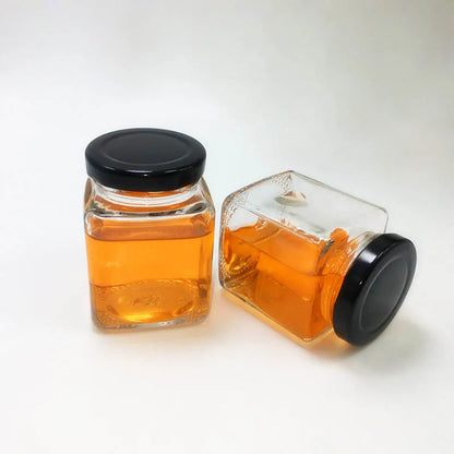 Square Glass Honey Jars with Airtight Black Lids