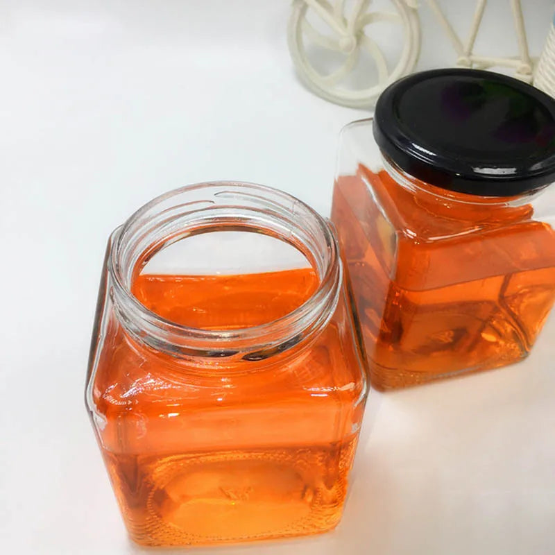Square Glass Honey Jars with Airtight Black Lids