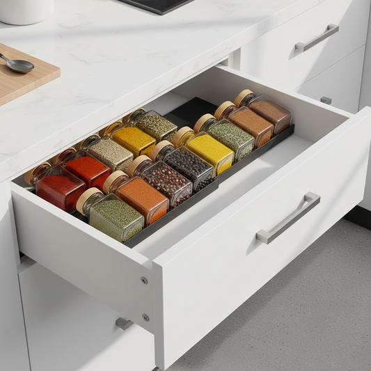 Square Glass Jars in Correct Drawer Organizer